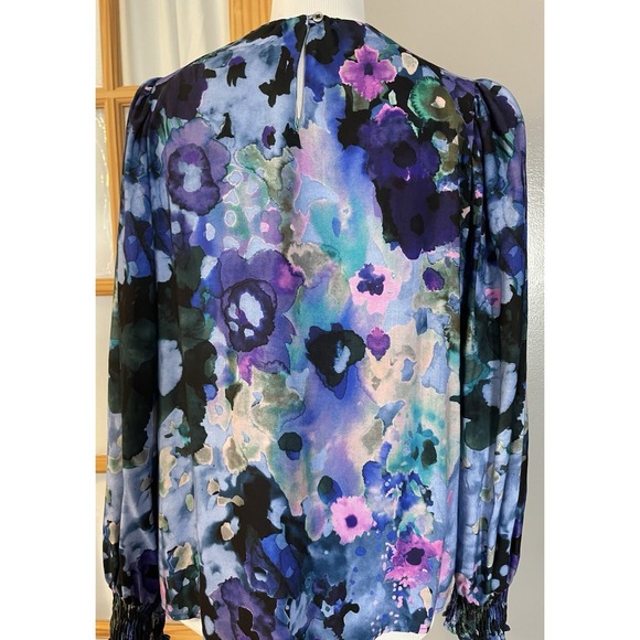 Disigual Floral Pleated Blouse S Blue Purple Long Sleeve Smocked Pullover Boho - Picture 3 of 12